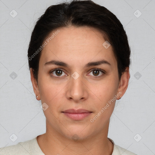 Neutral white young-adult female with short  brown hair and brown eyes