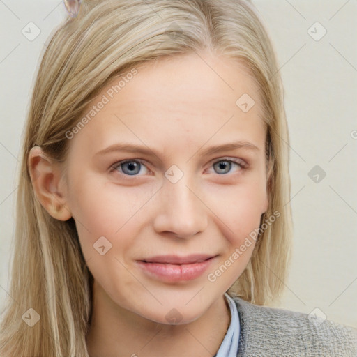 Joyful white young-adult female with long  brown hair and blue eyes