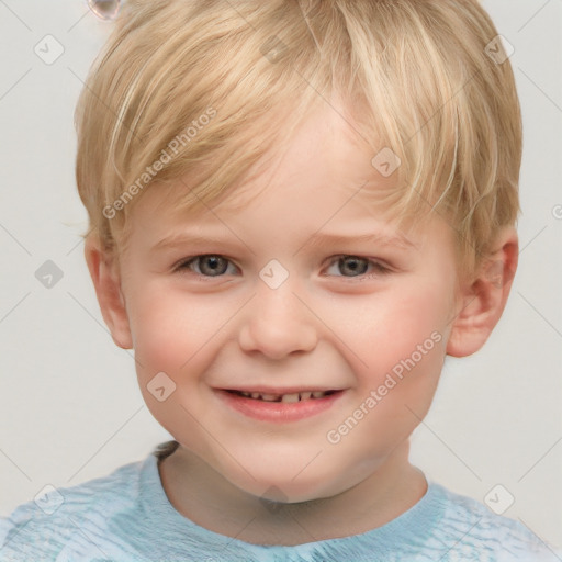 Joyful white child male with short  blond hair and grey eyes