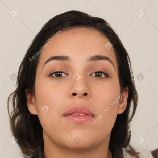 Neutral white young-adult female with medium  brown hair and brown eyes