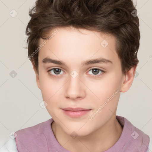 Joyful white child female with short  brown hair and brown eyes