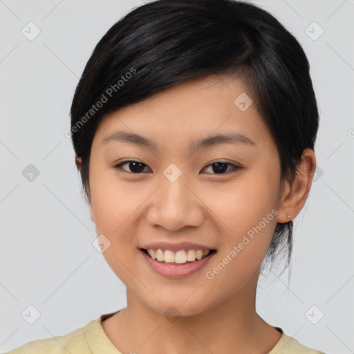 Joyful asian young-adult female with medium  black hair and brown eyes