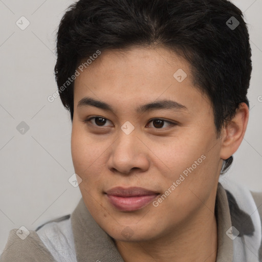 Joyful asian young-adult female with short  brown hair and brown eyes