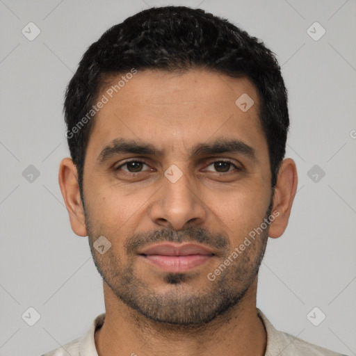 Neutral latino young-adult male with short  black hair and brown eyes