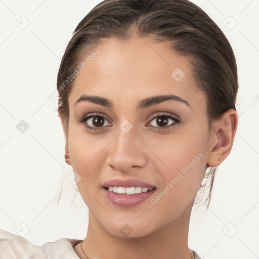 Joyful white young-adult female with medium  brown hair and brown eyes