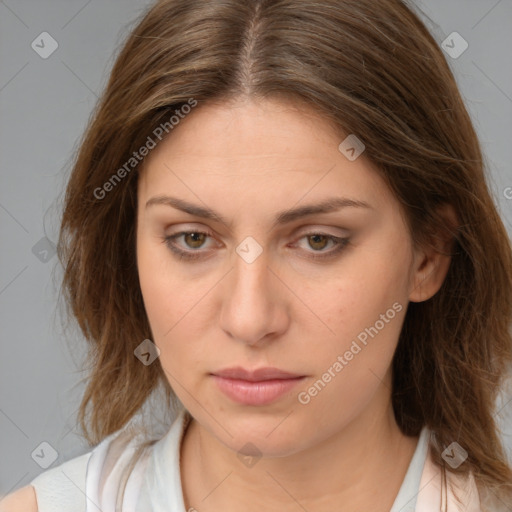 Neutral white young-adult female with medium  brown hair and brown eyes