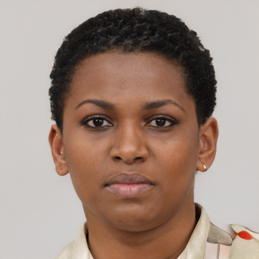 Neutral black young-adult female with short  black hair and brown eyes