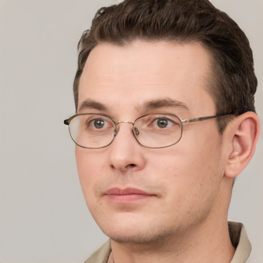 Neutral white young-adult male with short  brown hair and grey eyes