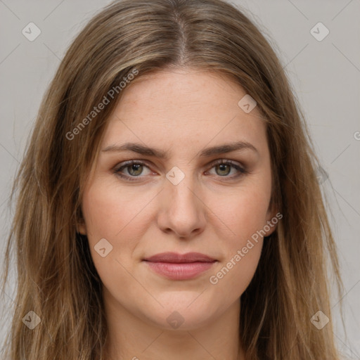 Joyful white young-adult female with long  brown hair and green eyes