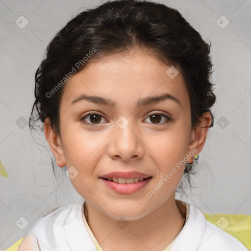 Joyful white child female with medium  brown hair and brown eyes