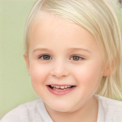 Joyful white child female with medium  blond hair and brown eyes