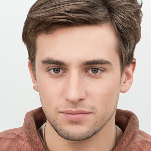 Neutral white young-adult male with short  brown hair and grey eyes