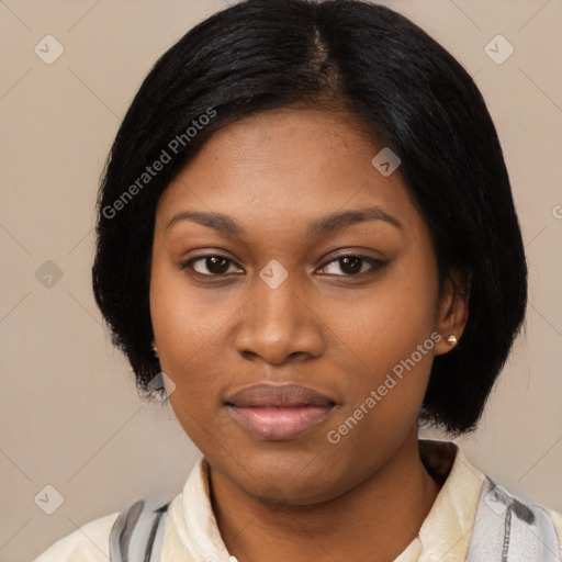 Joyful asian young-adult female with medium  black hair and brown eyes