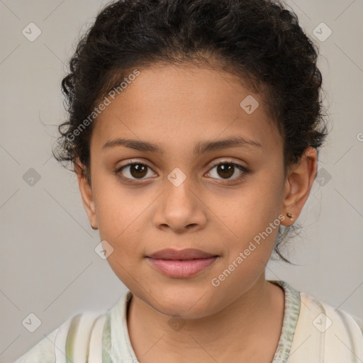 Joyful white child female with medium  brown hair and brown eyes