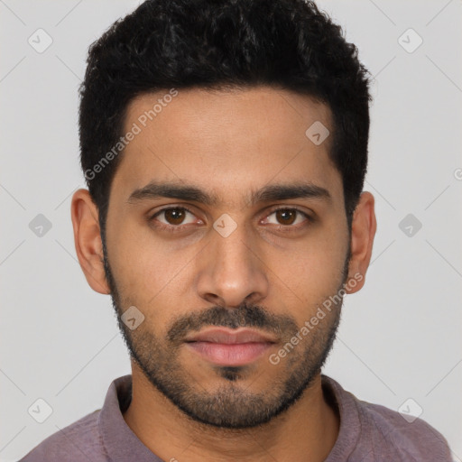 Neutral latino young-adult male with short  black hair and brown eyes