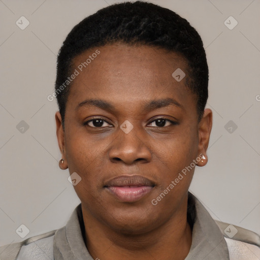 Neutral black young-adult female with short  black hair and brown eyes