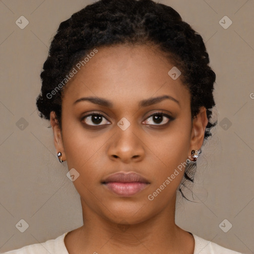 Neutral black young-adult female with short  black hair and brown eyes