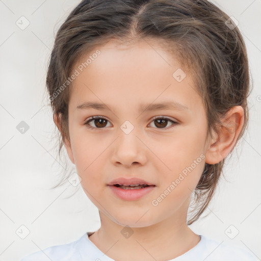 Joyful white child female with medium  brown hair and brown eyes