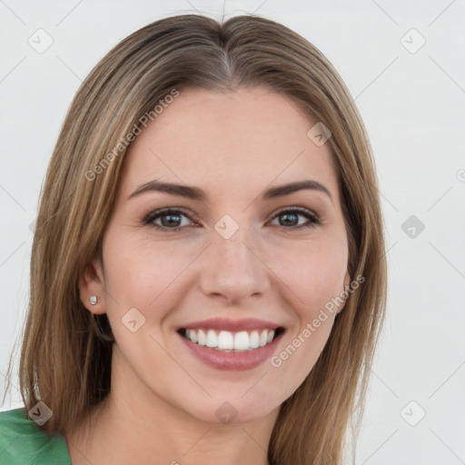 Joyful white young-adult female with long  brown hair and green eyes