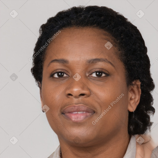 Neutral black adult female with short  brown hair and brown eyes