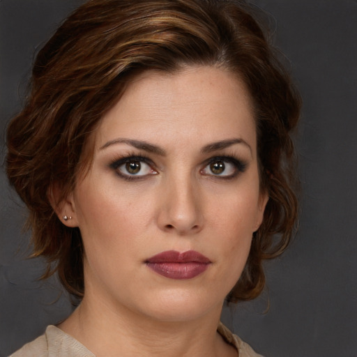 Neutral white young-adult female with medium  brown hair and brown eyes
