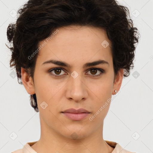 Neutral white young-adult female with short  brown hair and brown eyes