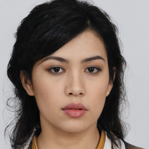 Neutral asian young-adult female with medium  black hair and brown eyes