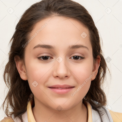 Joyful white child female with medium  brown hair and brown eyes