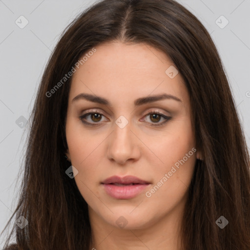 Neutral white young-adult female with long  brown hair and brown eyes