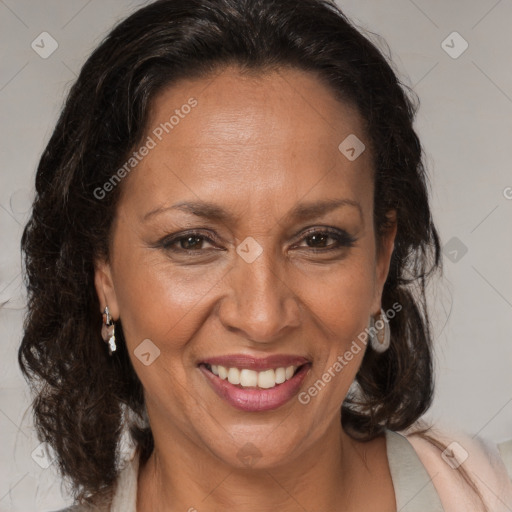 Joyful black adult female with medium  brown hair and brown eyes