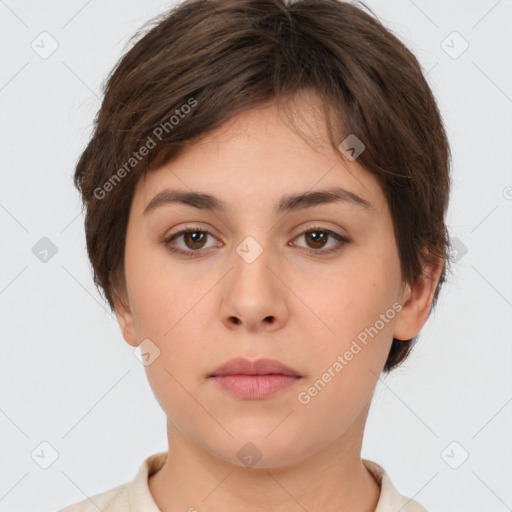 Neutral white young-adult female with short  brown hair and brown eyes