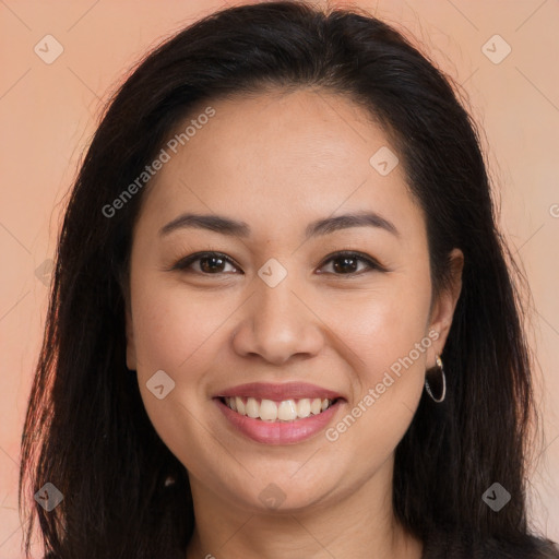 Joyful white young-adult female with long  brown hair and brown eyes