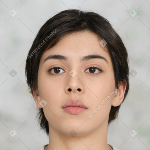 Neutral asian young-adult female with medium  brown hair and brown eyes