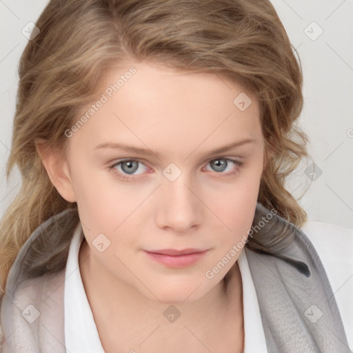 Joyful white child female with medium  brown hair and brown eyes