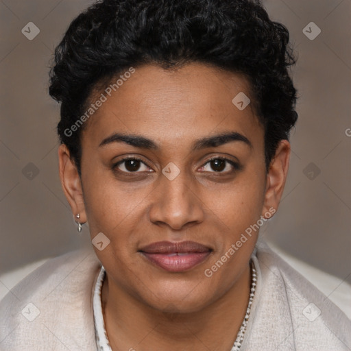 Joyful black young-adult female with short  brown hair and brown eyes