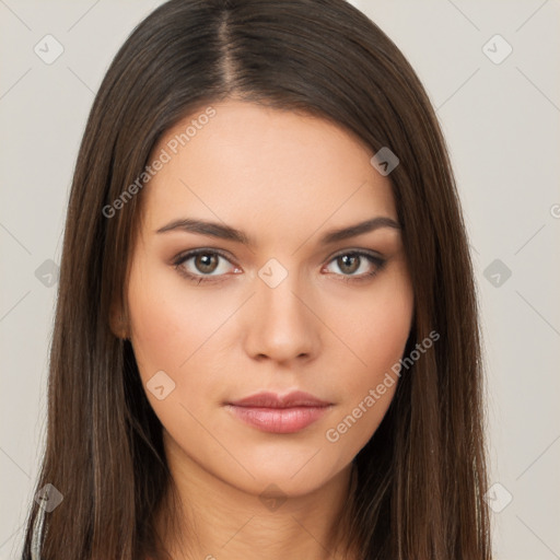 Neutral white young-adult female with long  brown hair and brown eyes