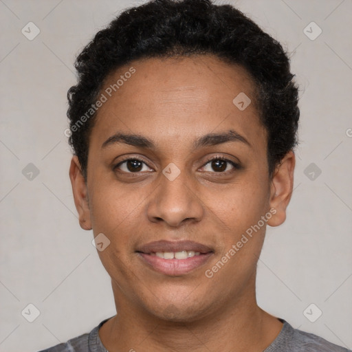 Joyful latino young-adult female with short  black hair and brown eyes