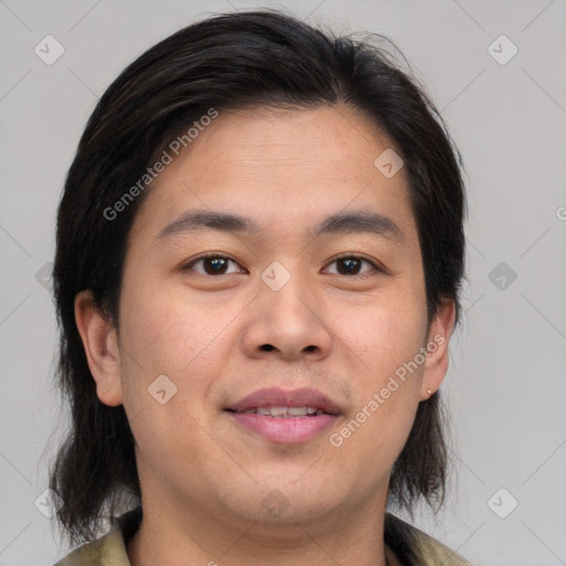 Joyful white young-adult male with medium  brown hair and brown eyes