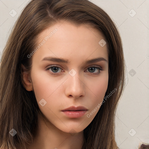 Neutral white young-adult female with long  brown hair and brown eyes