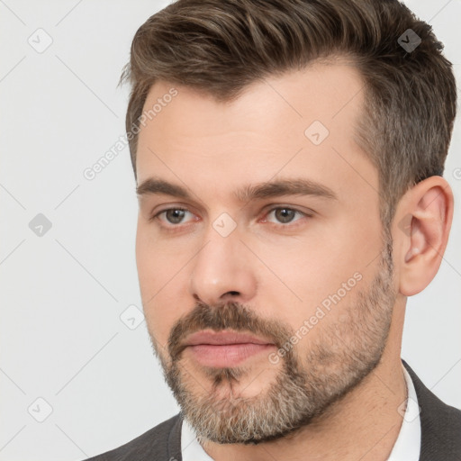 Neutral white young-adult male with short  brown hair and brown eyes