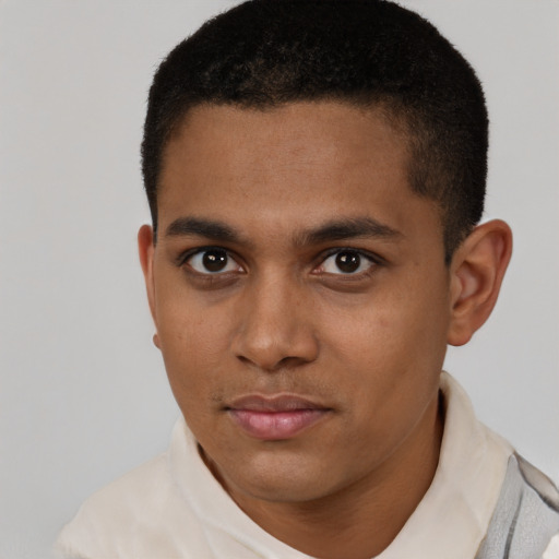 Neutral latino young-adult male with short  brown hair and brown eyes