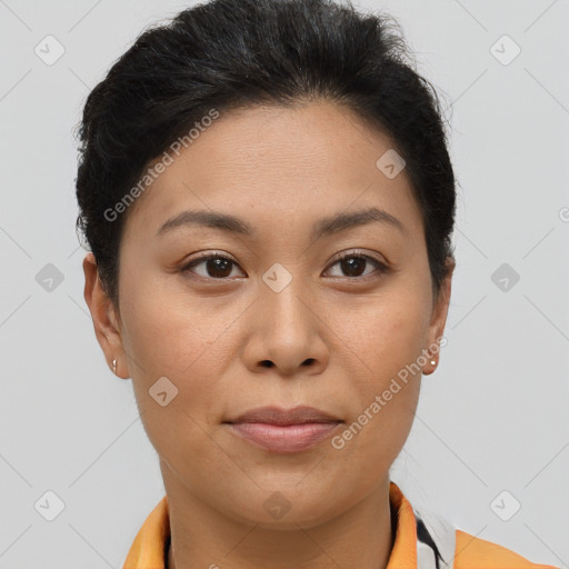 Joyful asian young-adult female with short  brown hair and brown eyes