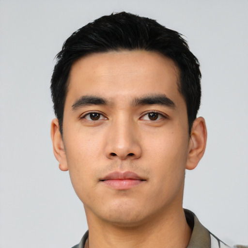 Neutral asian young-adult male with short  black hair and brown eyes