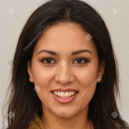 Joyful latino young-adult female with long  brown hair and brown eyes