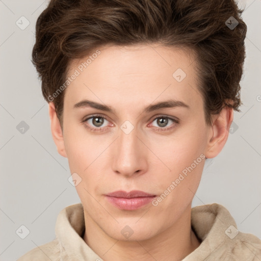 Neutral white young-adult female with short  brown hair and brown eyes