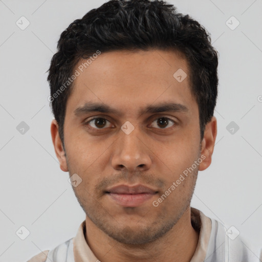 Neutral latino young-adult male with short  black hair and brown eyes