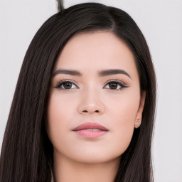 Neutral white young-adult female with long  black hair and brown eyes