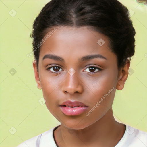 Neutral white young-adult female with short  brown hair and brown eyes