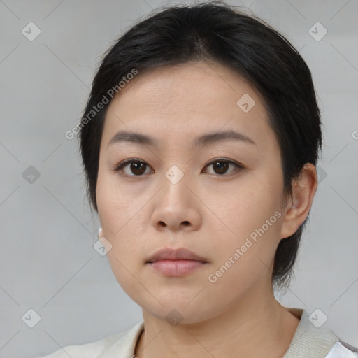 Neutral asian young-adult female with medium  black hair and brown eyes