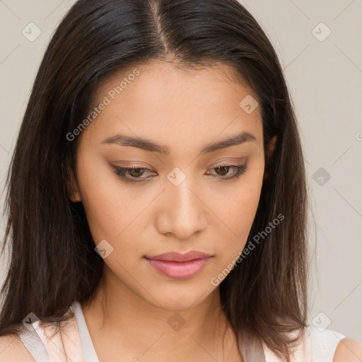 Neutral white young-adult female with medium  brown hair and brown eyes